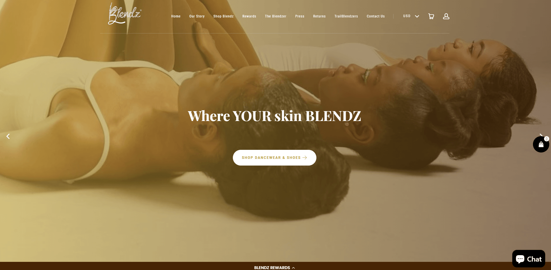 Blendz dancewear website homepage featuring two dancers lying down with a warm golden overlay and the tagline "Where YOUR skin BLENDZ"